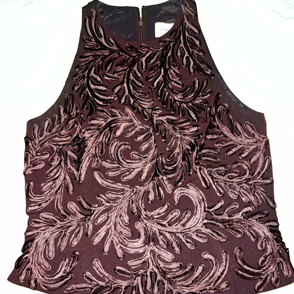 Caché Brown Satin Embroidered sleeveless evening top. Sz 8